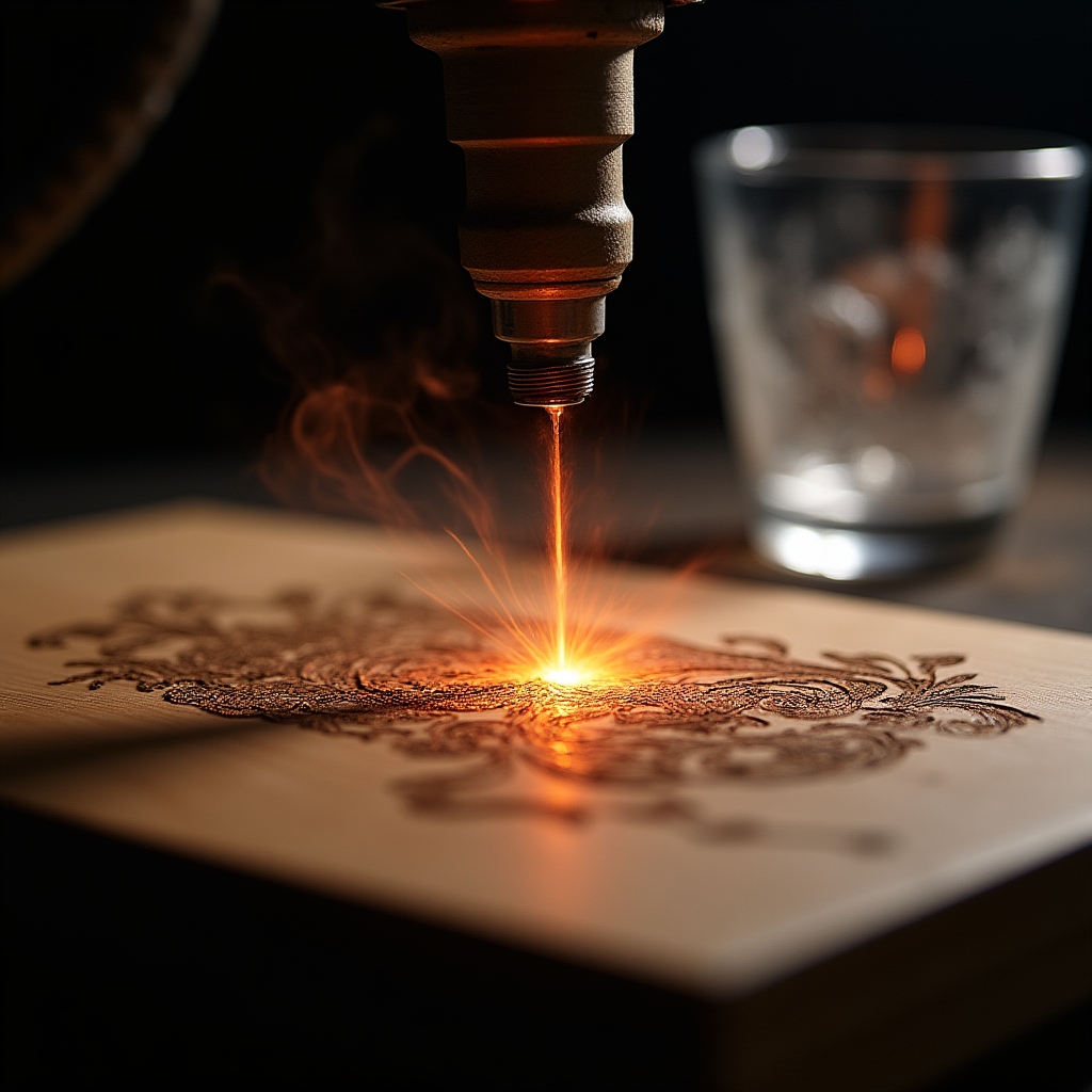 Lasergravur auf Holz und Glas im Detail
